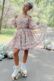 Fuchsia Print Puff Sleeve Ruffle Short Homecoming Dress