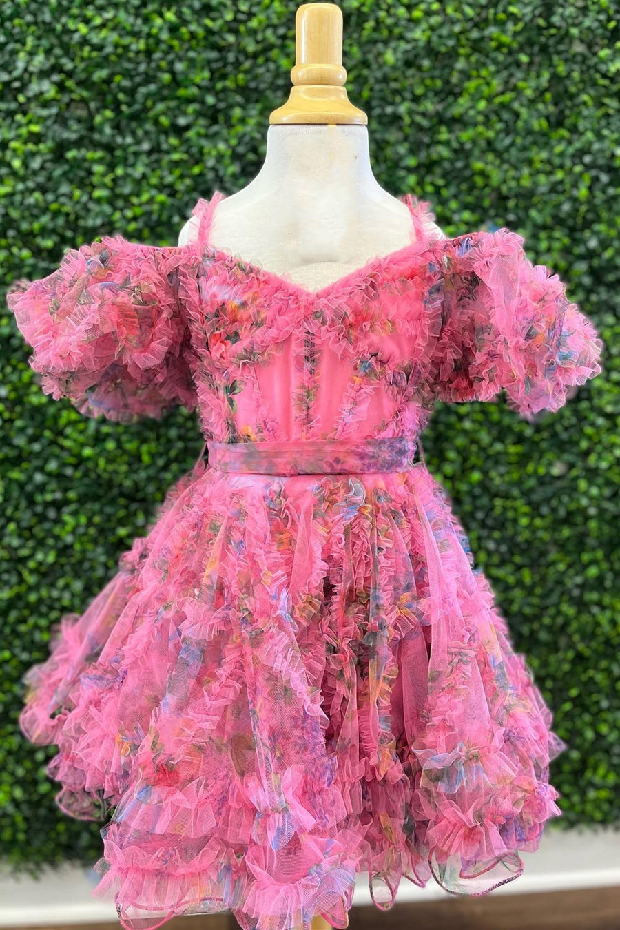 Bright Pink Print Cold-Shoulder A-Line Girl Pageant Dress