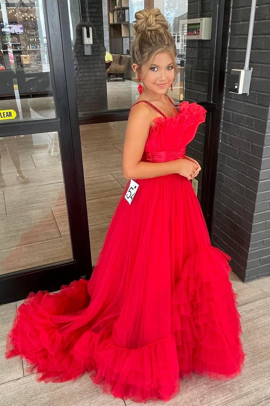Red Spaghetti Strap Tiered Long Girl Pageant Dress with Ruffles