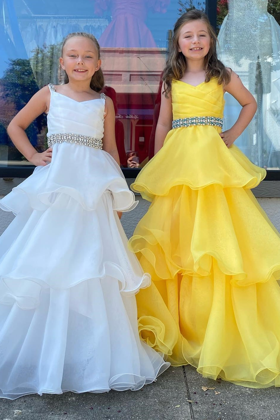 White & Yellow Pleated Beaded Multi-Layers Girl Pageant Dress