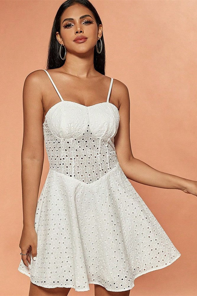 White Lace A-Line Mini Dress with Spaghetti Straps