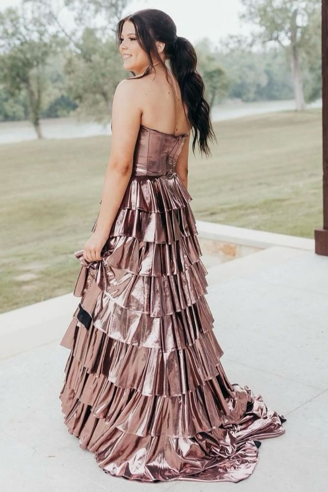 A-Line Metallic Empire-Waist Sweetheart Ruffle Tiered Long Prom Dress