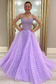 Appliques Sweetheart Ruffle Tiered A-Line Prom Dress in lavender