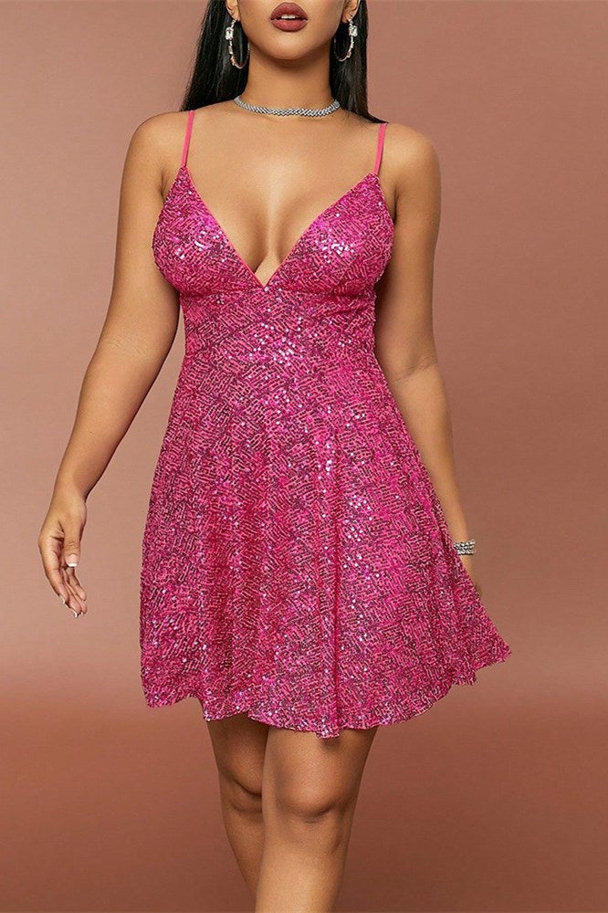 Hot Pink Sequin Tie-Back A-Line Mini Dress