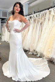 White Cowl Neck Open Back Mermaid Long Wedding Dress