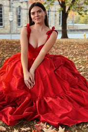 Sweetheart Bow Strap A-Line Long Prom Dress in red