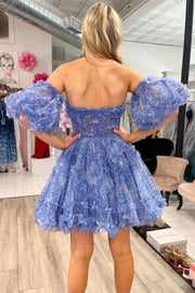 Magenta Strapless Ruffles A-Line Short Party Dress with Puff Sleeves