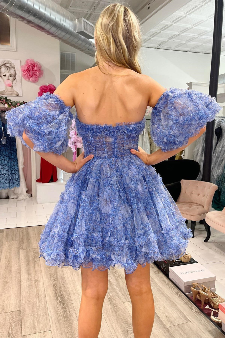 Magenta Strapless Ruffles A-Line Short Party Dress with Puff Sleeves