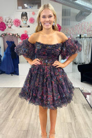 Magenta Strapless Ruffles A-Line Short Party Dress with Puff Sleeves