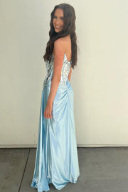 Light Blue One-Shoulder Ruching Long Formal Dress with Broken Mirrors