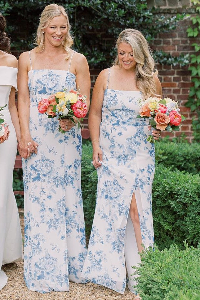 Blue Print Spaghetti Strap Long Dress with Slit