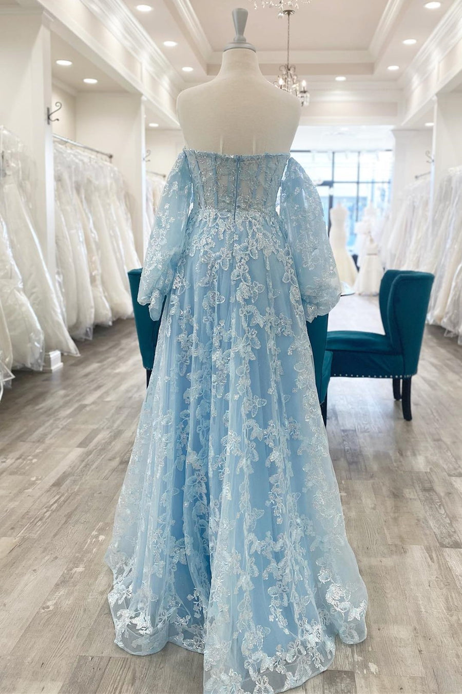 Sparkle Princess Lavender Bustier Puff Sleeve Lace Long Prom Gown