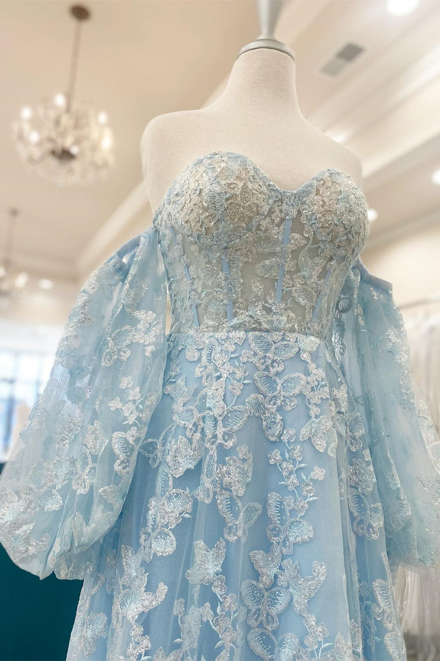 Sparkle Princess Lavender Bustier Puff Sleeve Lace Long Prom Gown