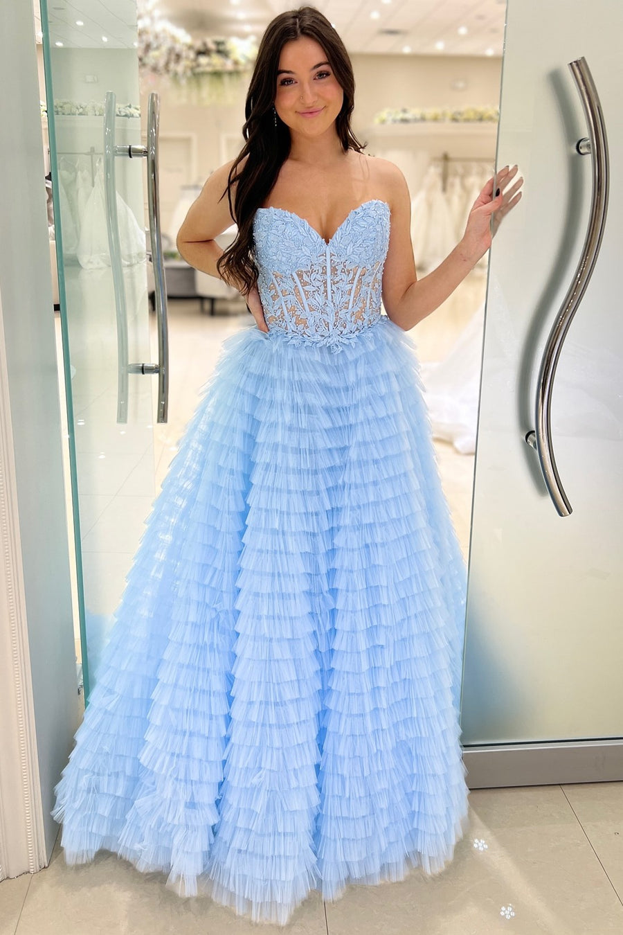 Appliques Sweetheart Ruffle Tiered A-Line Prom Dress in light blue