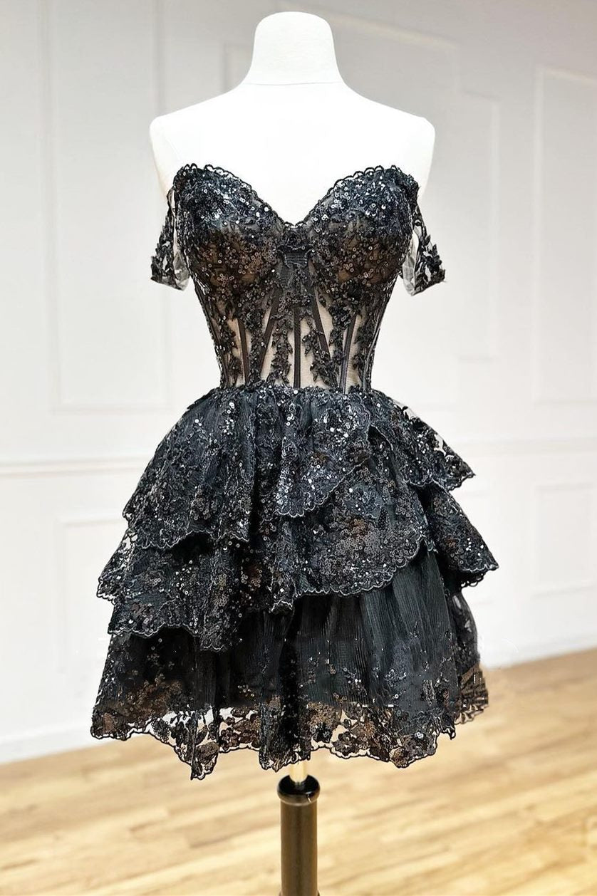 Black Sequin-Embroidery Sweetheart A-Line Tiered Homecoming Dress