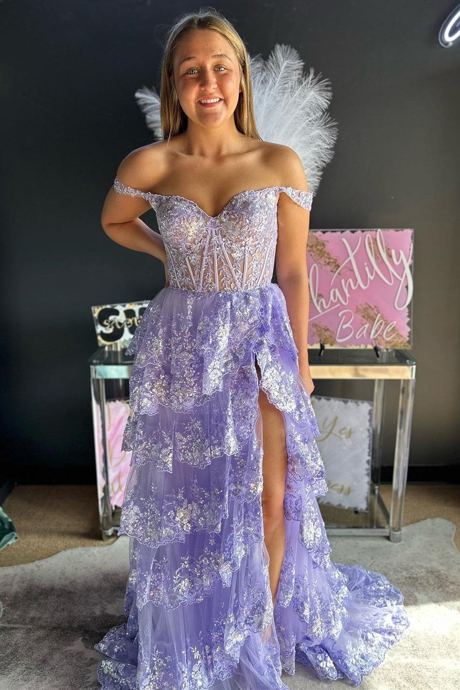 Fairytale Sequin-Embroidery Off-the-Shoulder Tiered Long Prom Dress with Slit