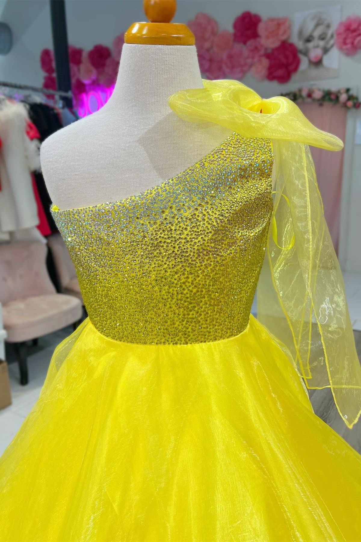 Yellow Beaded One-Shoulder Bow Girl Pageant Dress