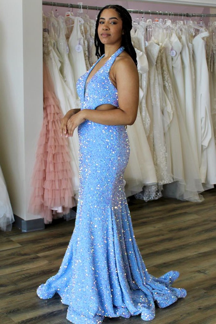 Blue Iridescent Sequin Halter Trumpet Long Prom Dress