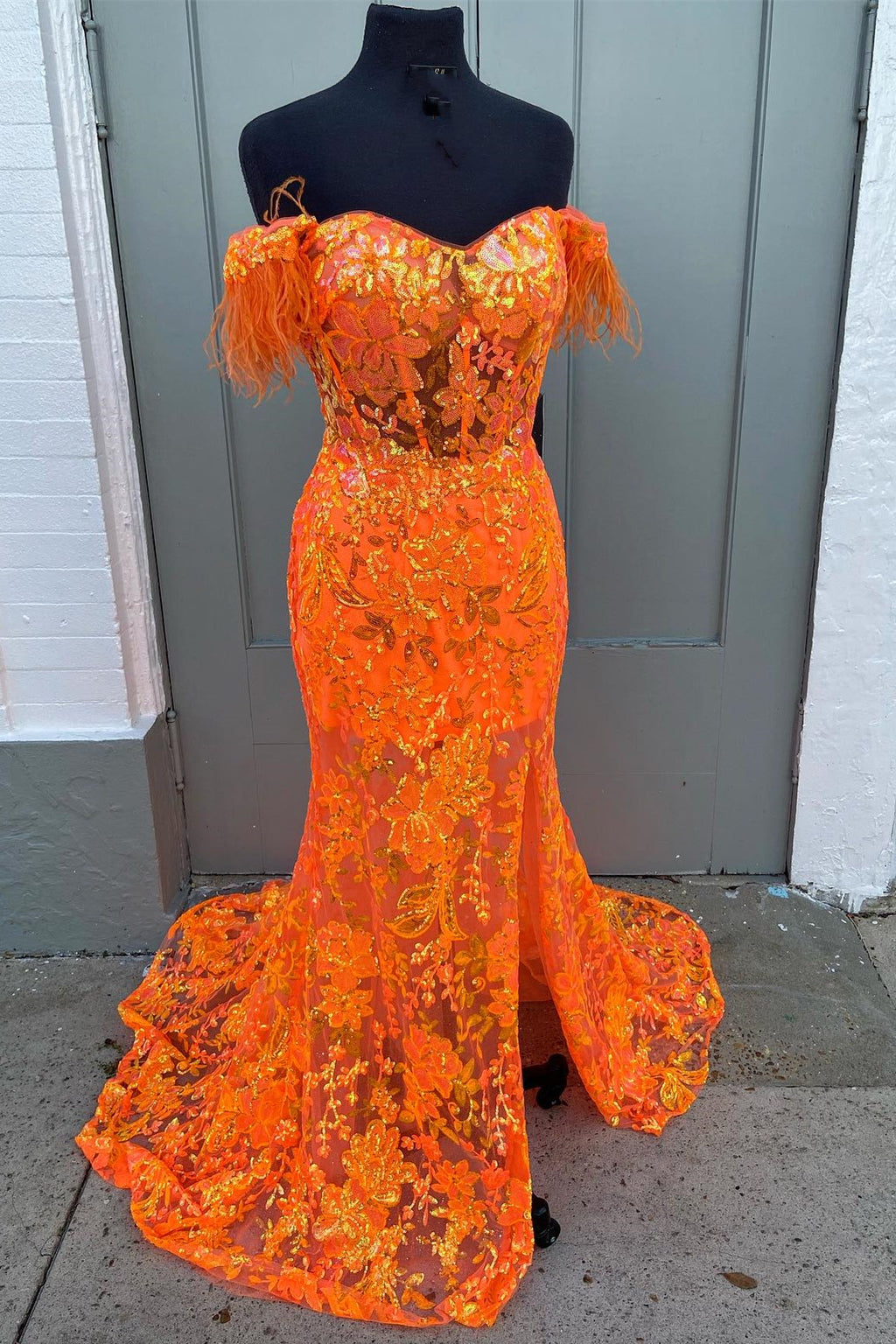 17208 Orange Cutout Waist Mermaid Dress main image 1