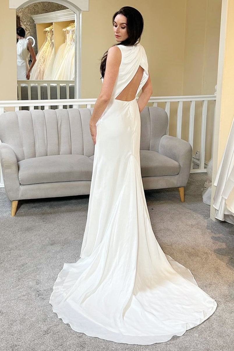 White High-Collar Backless A-Line Long Wedding Dress