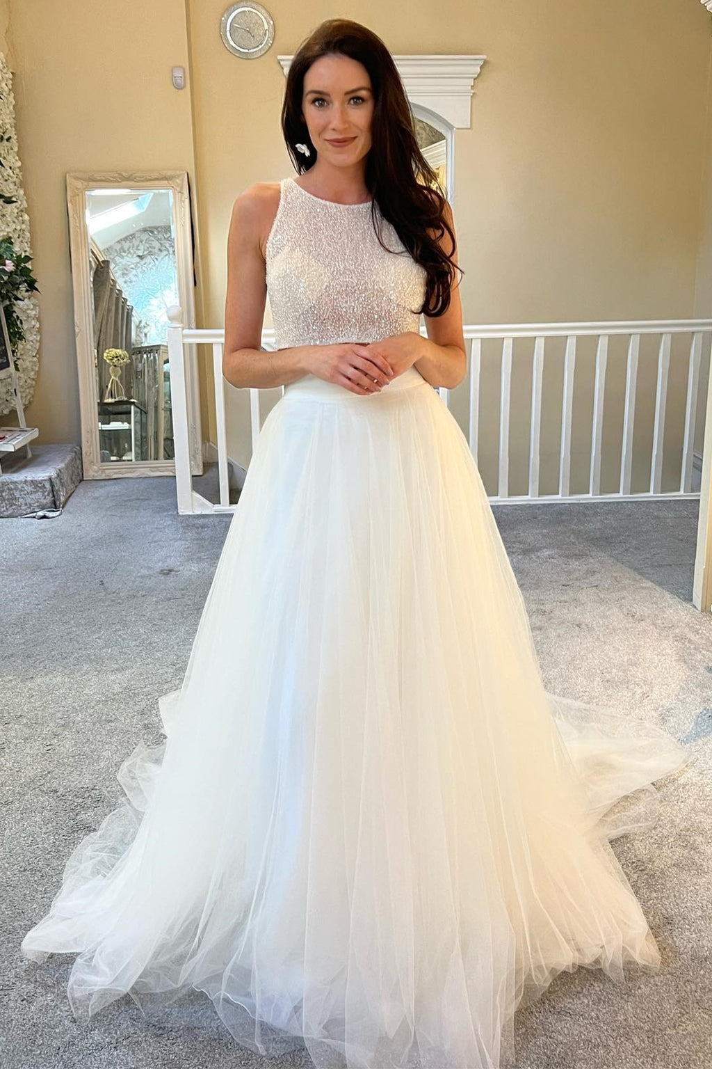 Two-Piece White Beaded A-Line Long Wedding Dress – Modsele