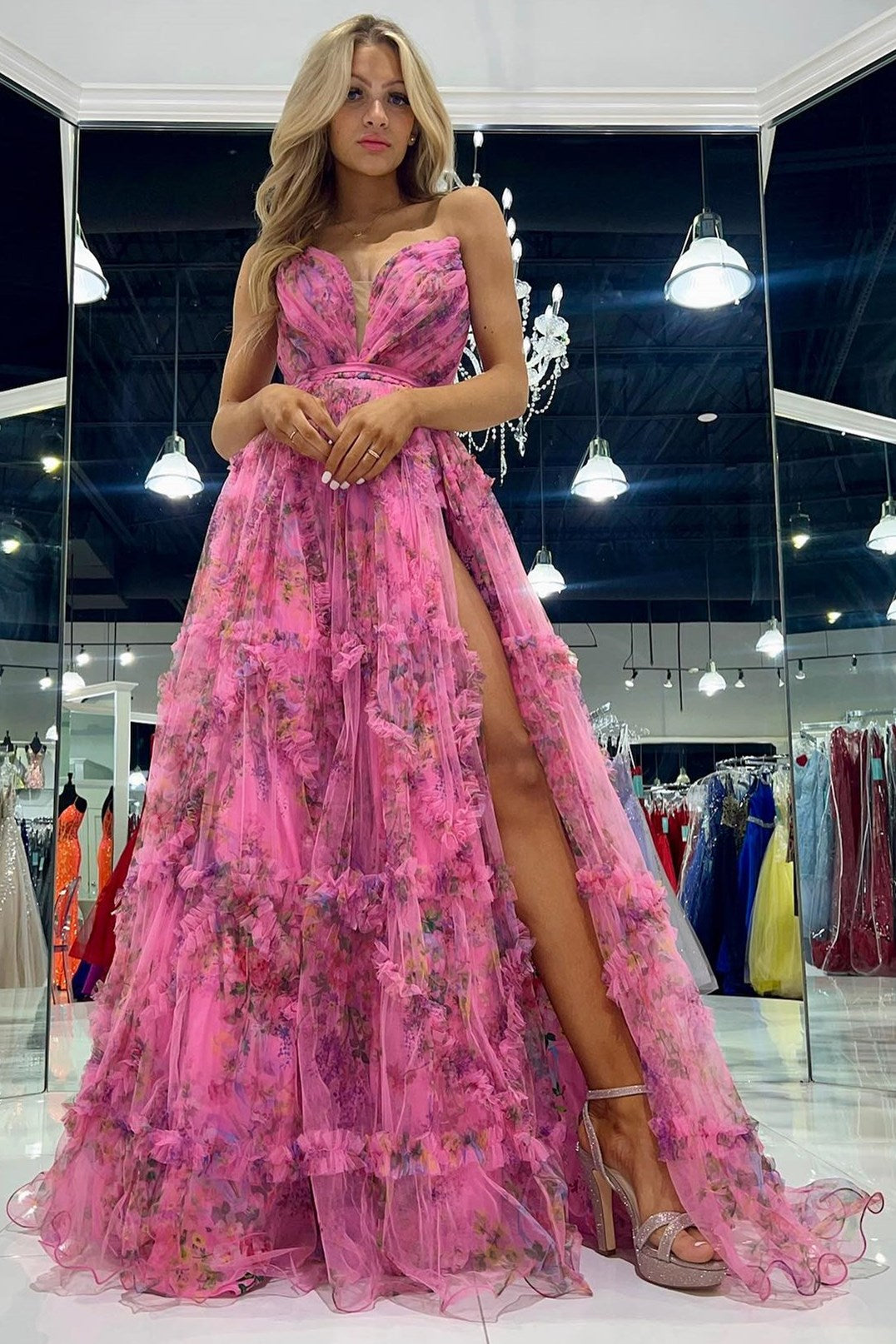Bright Pink Print Strapless A-Line Long Dress with Slit