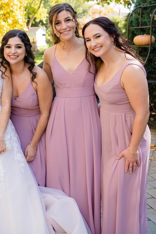 Mismatched Lilac Chiffon V Neck Long Bridesmaid Dress