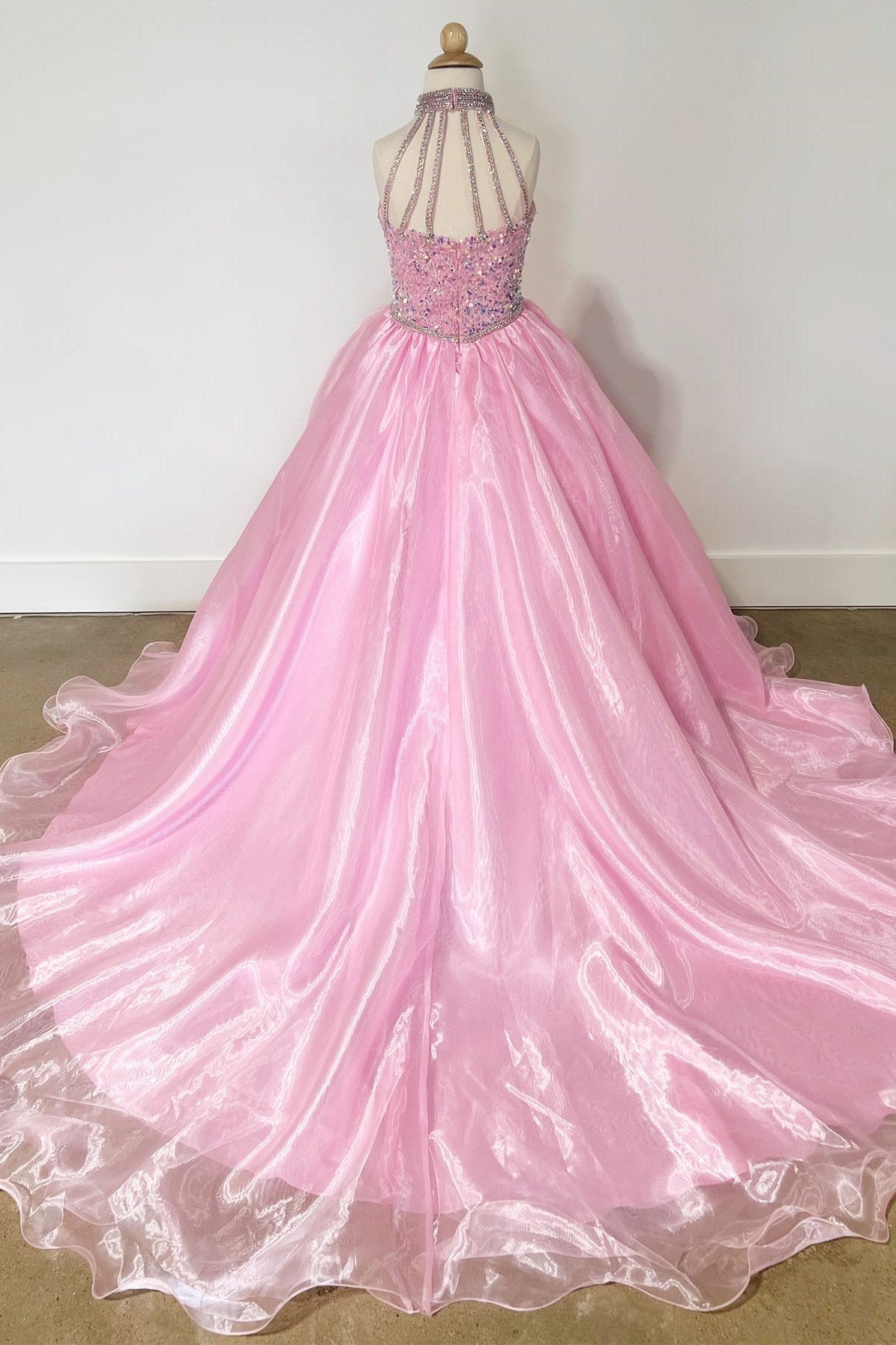 Pink Sequin Halter Backless A-Line Girl Pageant Dress