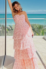 Strapless Multi-Layer Long Formal Dress in pink print