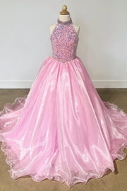 Pink Sequin Halter Backless A-Line Girl Pageant Dress