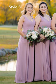 Mismatched Lilac Chiffon V Neck Long Bridesmaid Dress