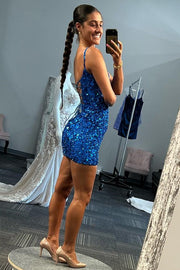 Blue Sequin Scoop Neck Lace-Up Short Homecoming Dress
