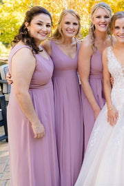 Mismatched Lilac Chiffon V Neck Long Bridesmaid Dress