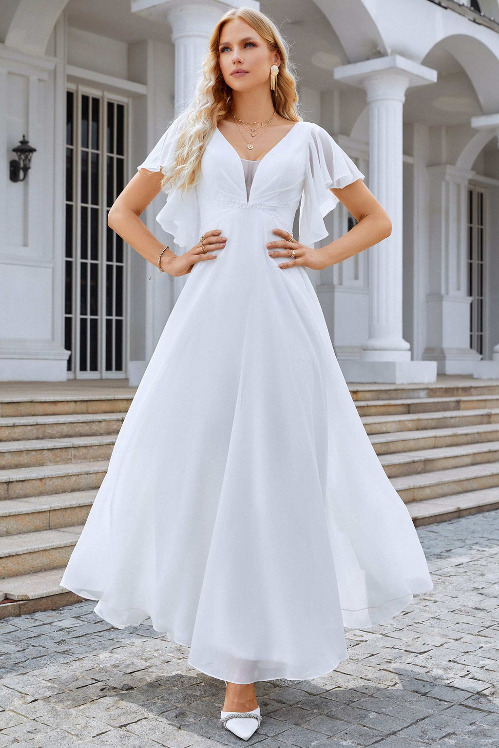 White Chiffon V-Neck A-Line Long Dress with Flared Sleeves – Modsele