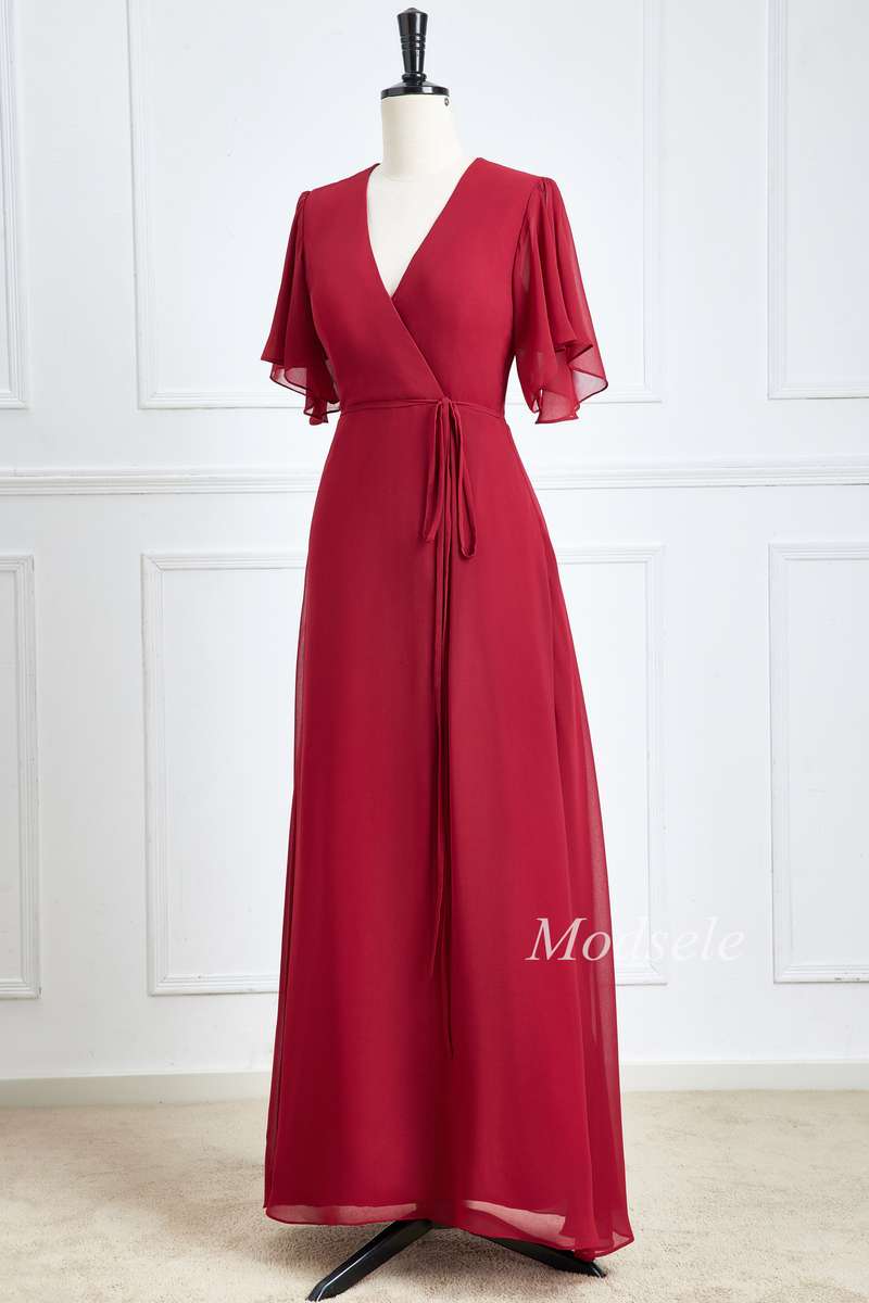 Wine Red Chiffon Surplice Neck A-Line Long Bridesmaid Dress