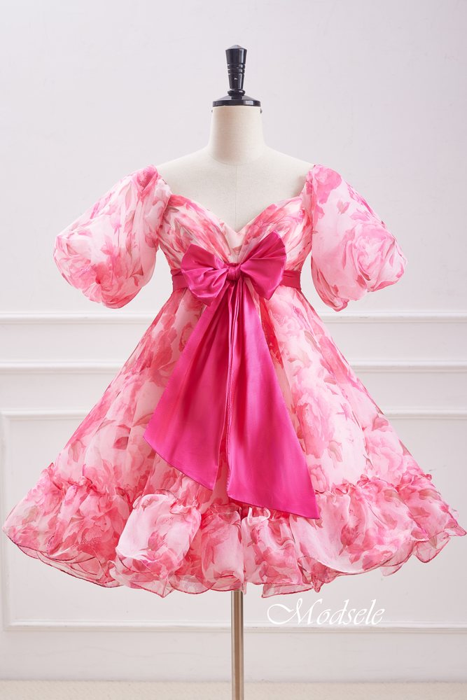 Cute V Neck Pink Short Homecoming Dress and Bottom Tulle Ruffles Pink Birthday Outfit Dress F1069