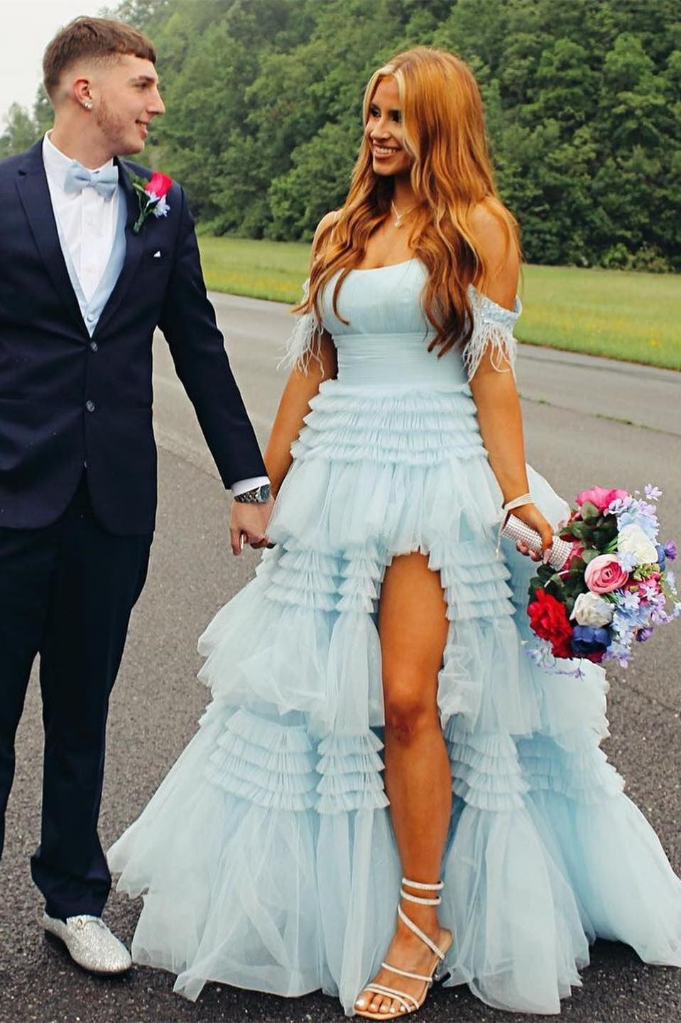 Pink Feather Cold-Shoulder Tiered Long Prom Dress with Ruffles
