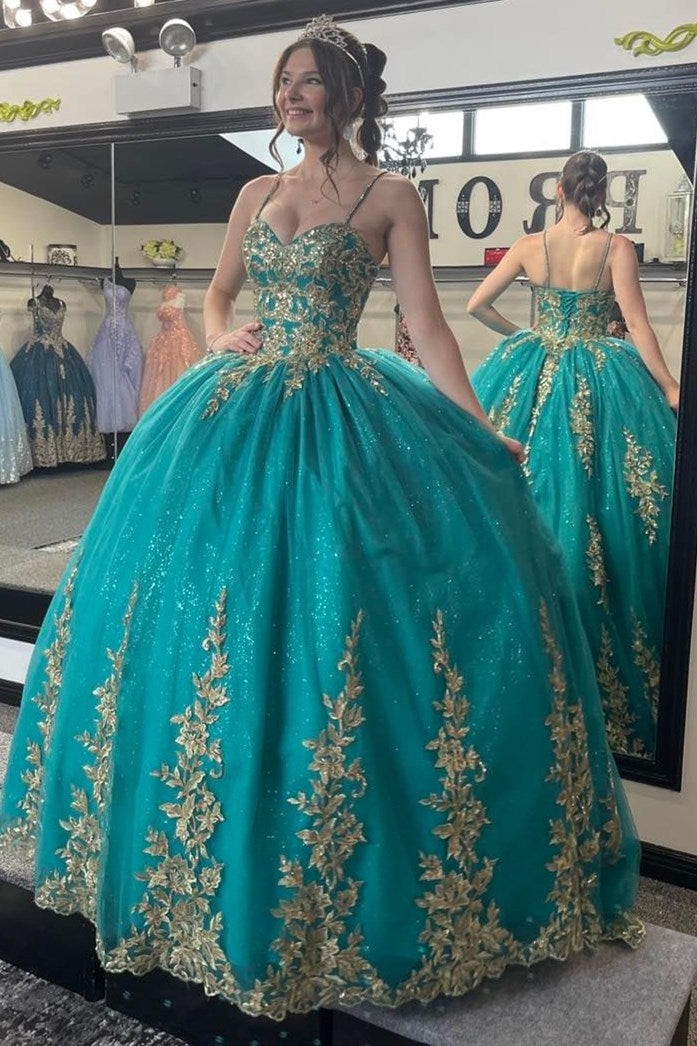 Teal Sweetheart Lace-Up Ball Gown with Gold Appliques