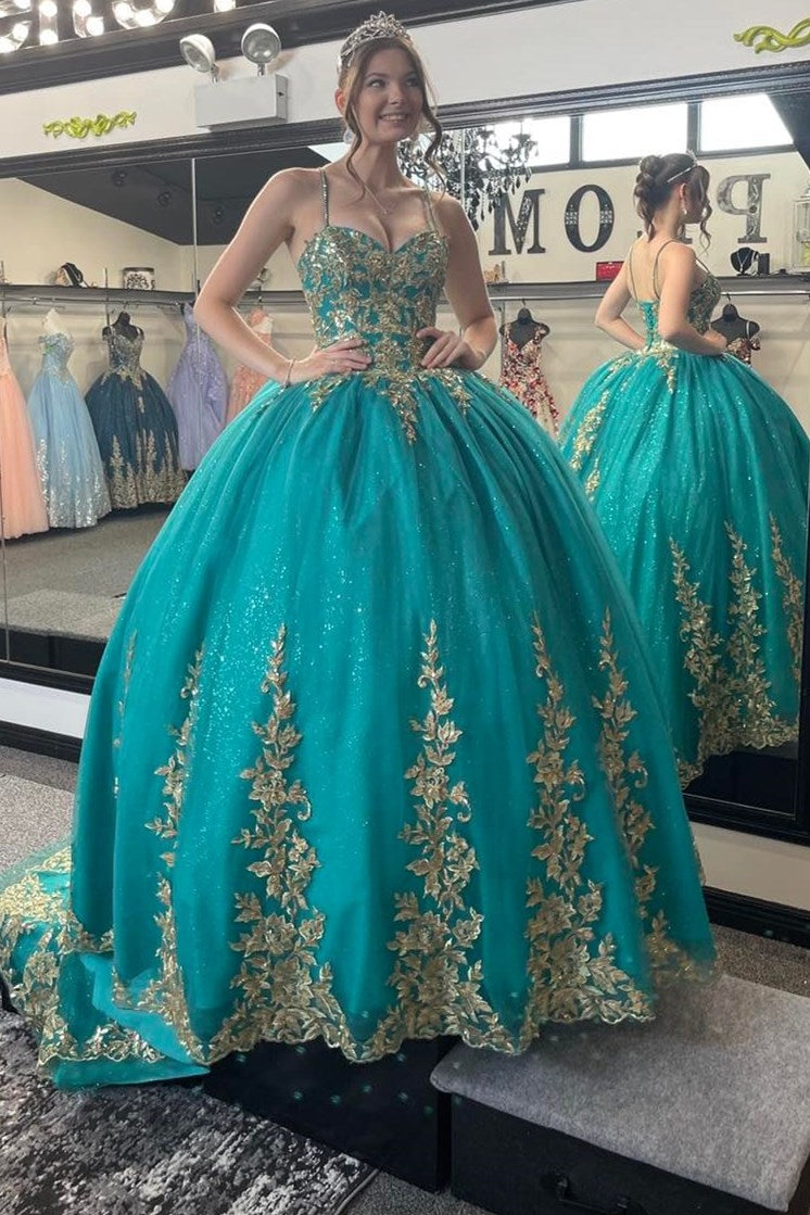 Teal Sweetheart Lace-Up Ball Gown with Gold Appliques
