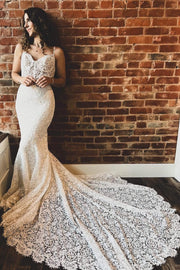Off White Lace Sweetheart Trumpet Long Wedding Dress