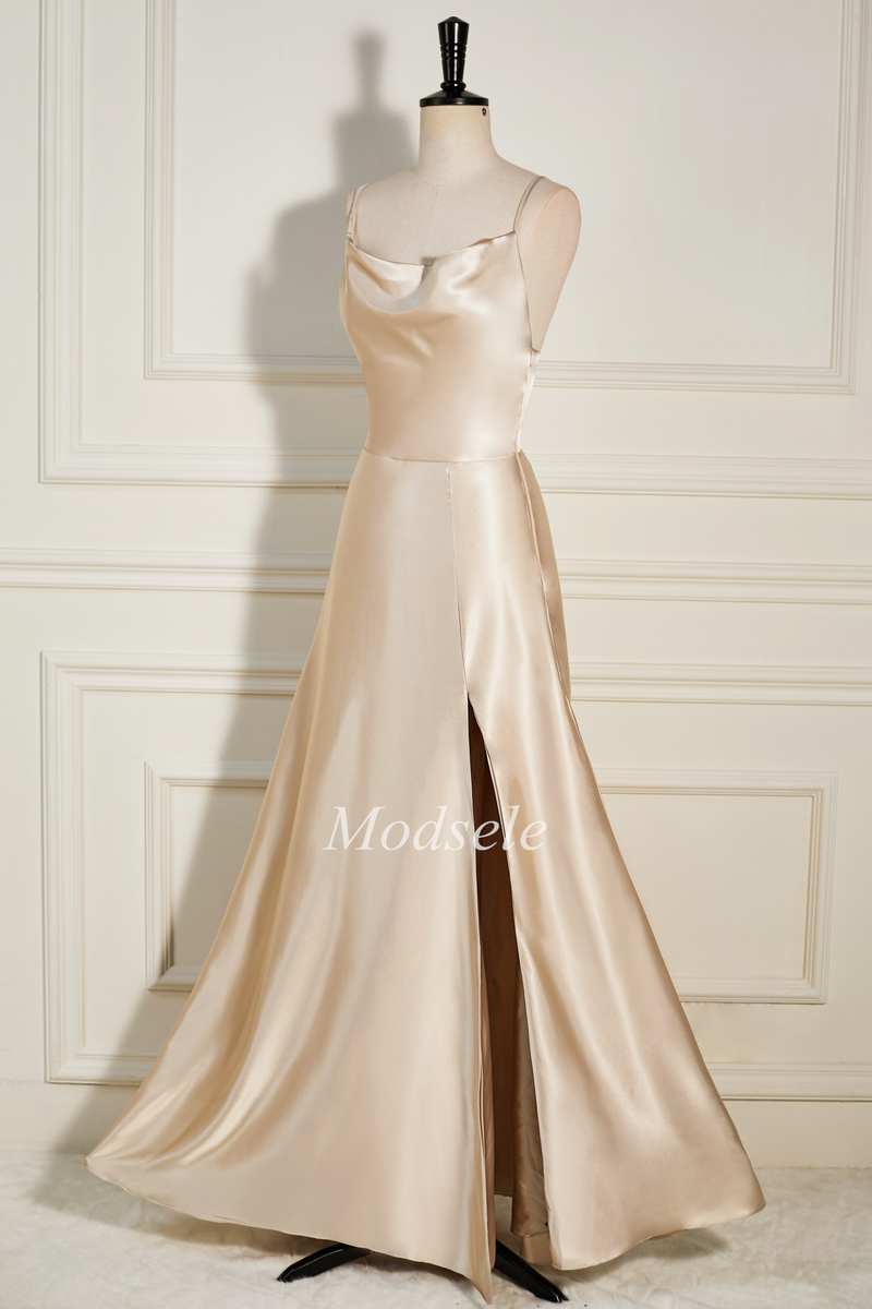 Champagne Cowl Neck A-Line Long Dress with Spaghetti Straps