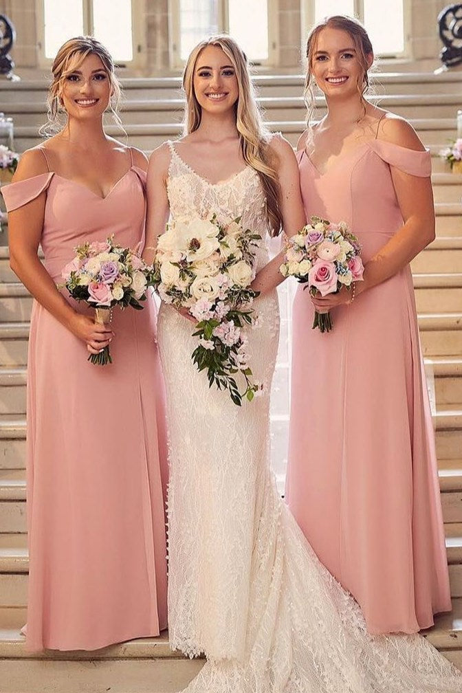 Pink Off-the-Shoudler Straps Chiffon Long Bridesmaid Dress