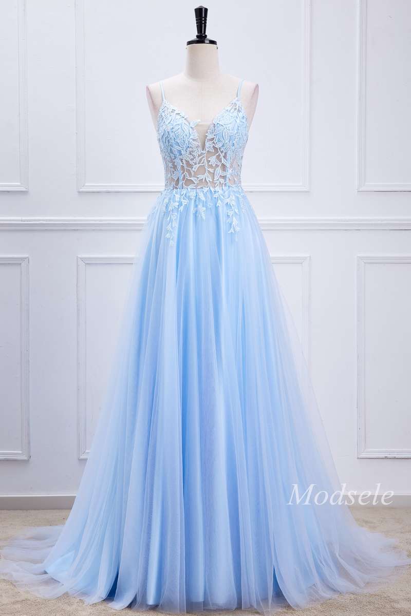 A-Line Light Blue Appliques Sheer Bodice Long Prom Dress