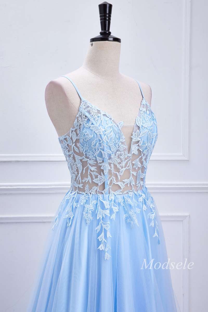 A-Line Light Blue Appliques Sheer Bodice Long Prom Dress