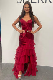 Emerald Green V-Neck Ruffle Long Prom Dress with Slit