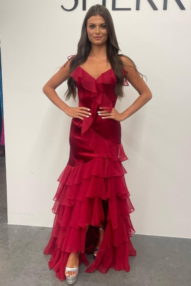 Emerald Green V-Neck Ruffle Long Prom Dress with Slit