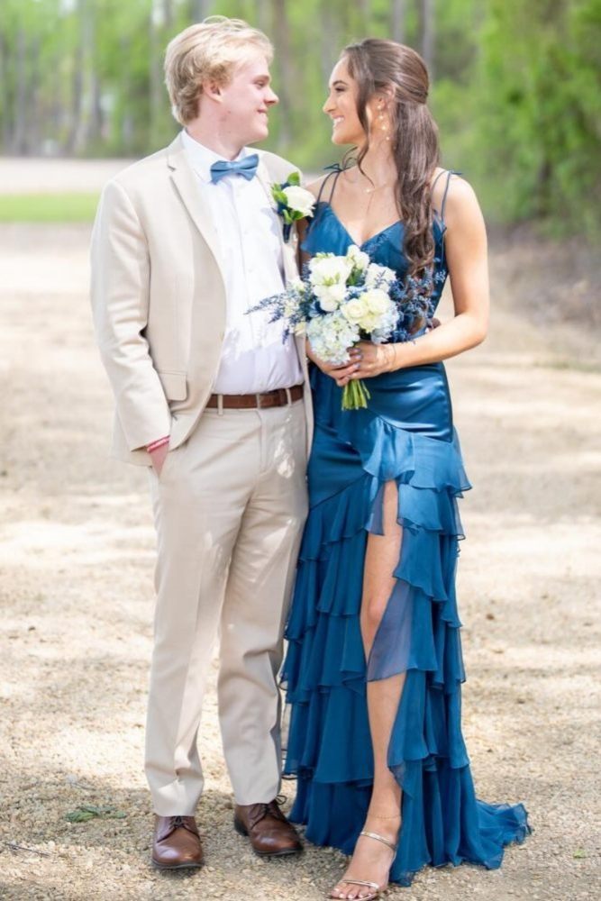 Emerald Green V-Neck Ruffle Long Prom Dress with Slit