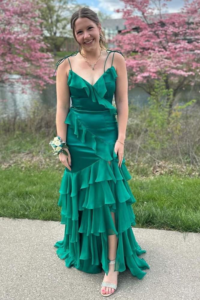 Emerald Green V-Neck Ruffle Long Prom Dress with Slit