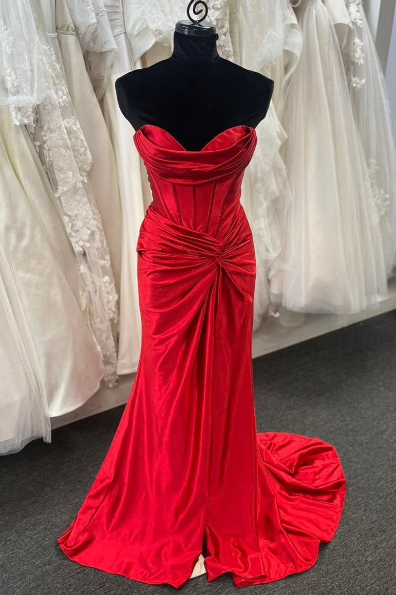 Red Pleated Jersey Strapless Slit Mermaid Long Train Dress