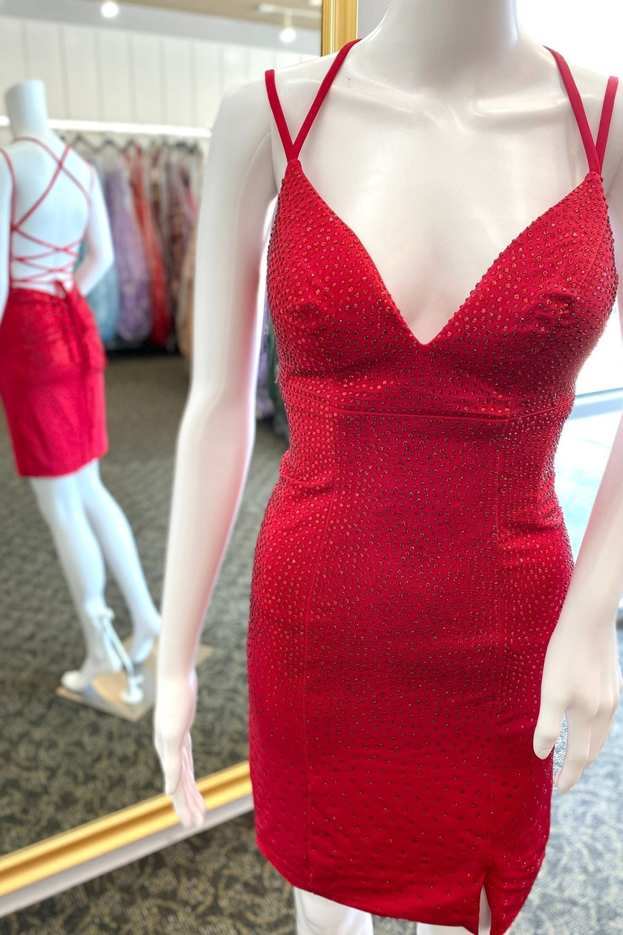 Red V-Neck Lace-Up Short Hotfix Dress